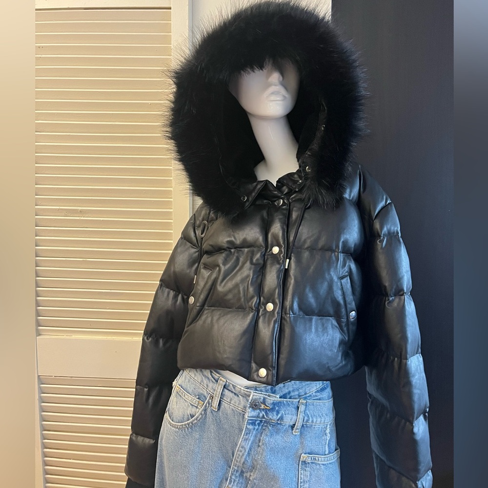 The Kooples Black PU Hooded Puffer Jacket